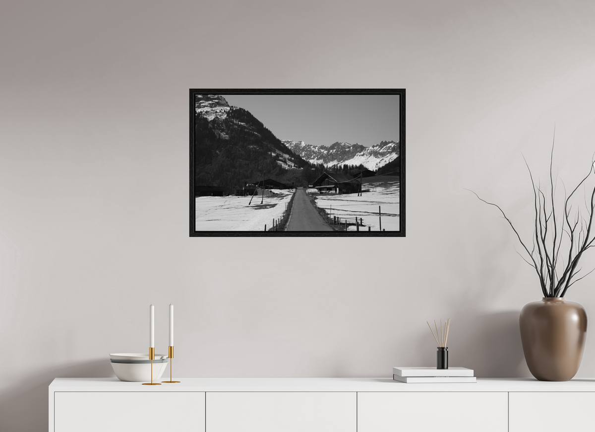 75 x 50 cm, Floater Frame Alpine Village in Winter – Fine Art Print
