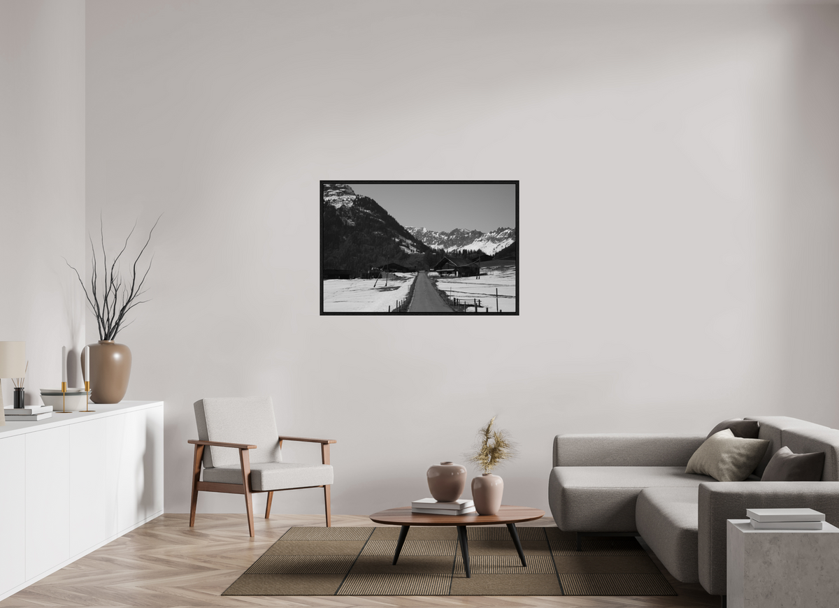 120 x 80 cm, Floater Frame Alpine Village in Winter – Fine Art Print