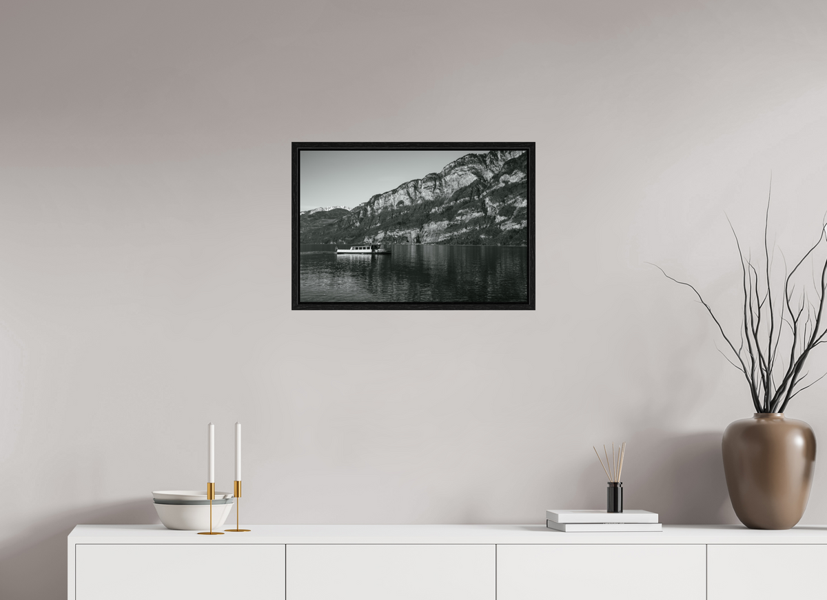 60 x 40 cm, Floater Frame Boat Beneath the Cliffs – Fine Art Print