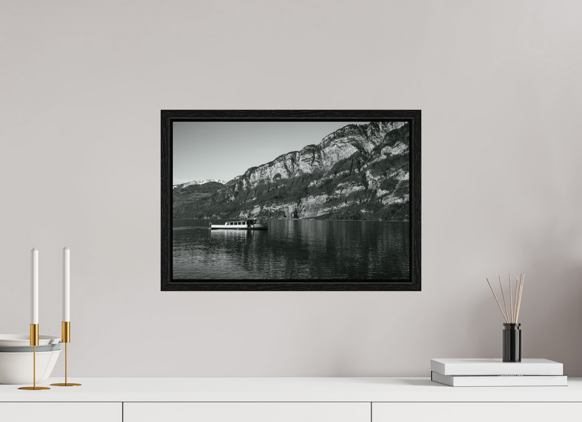 45 x 30 cm, Floater Frame Boat Beneath the Cliffs – Fine Art Print