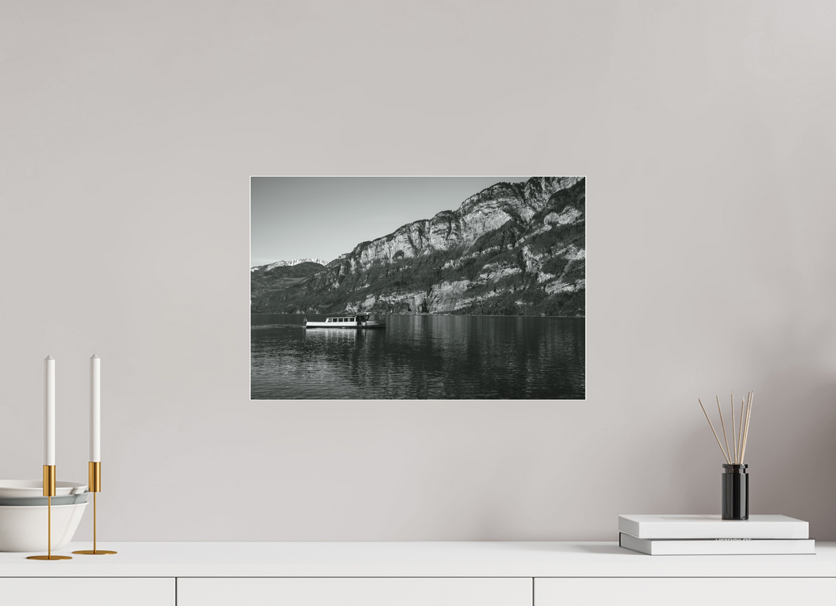 45 x 30 cm, Pixelpoetry Prenium Acryl 4 mm Boat Beneath the Cliffs – Fine Art Print