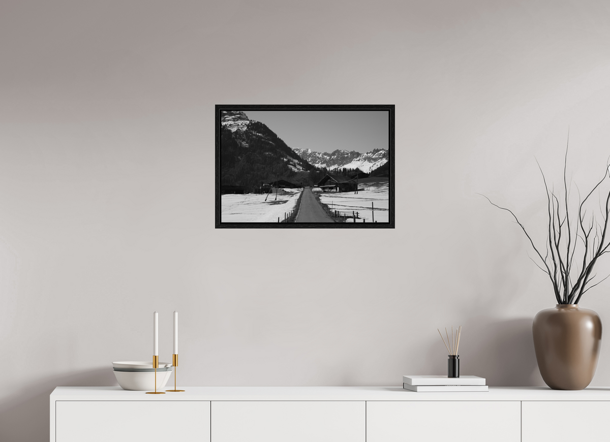 60 x 40 cm, Floater Frame Alpine Village in Winter – Fine Art Print