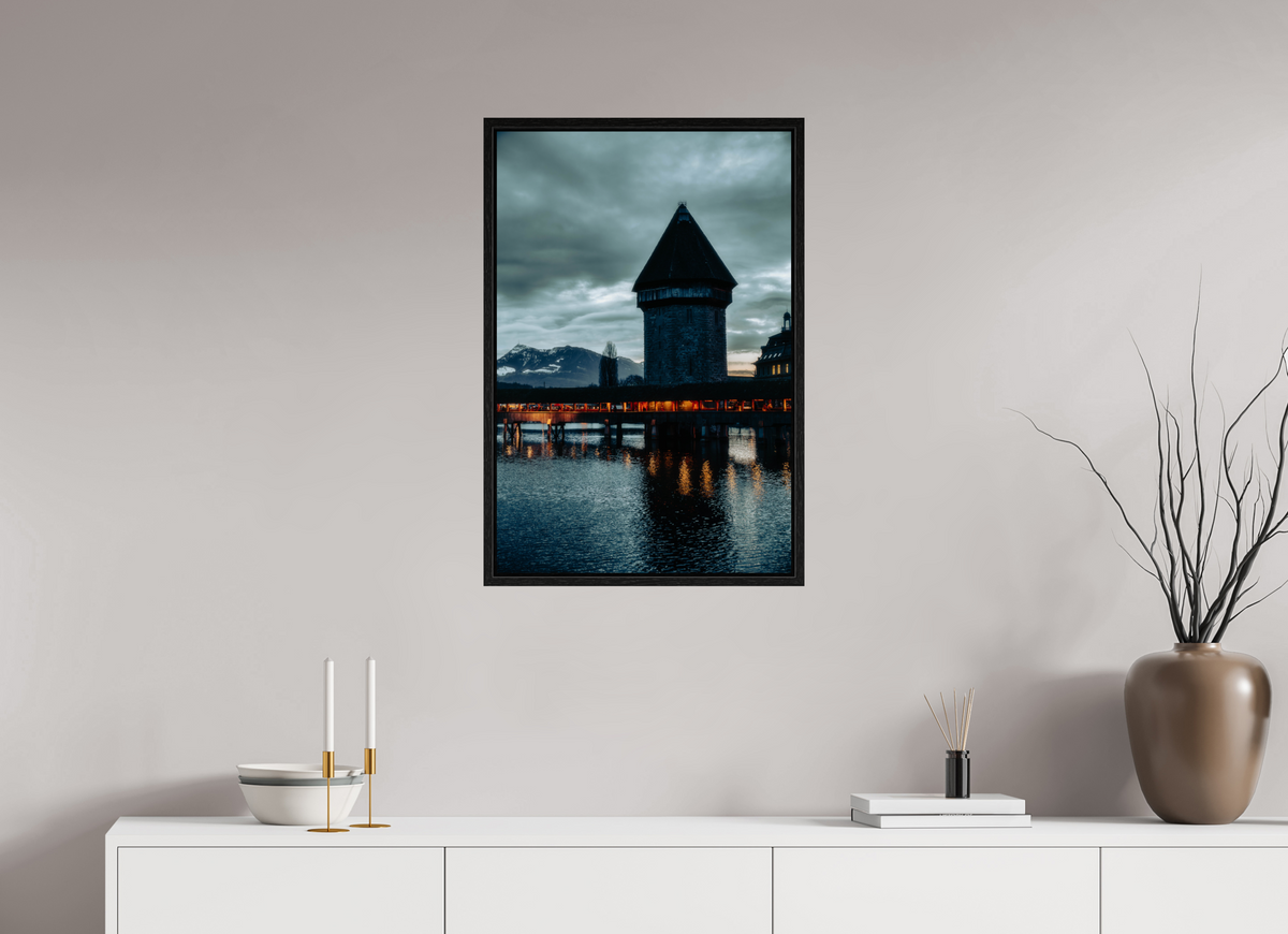 50 x 75 cm, Floater Frame Church Steeple Under Stormy Sky – Fine Art Print
