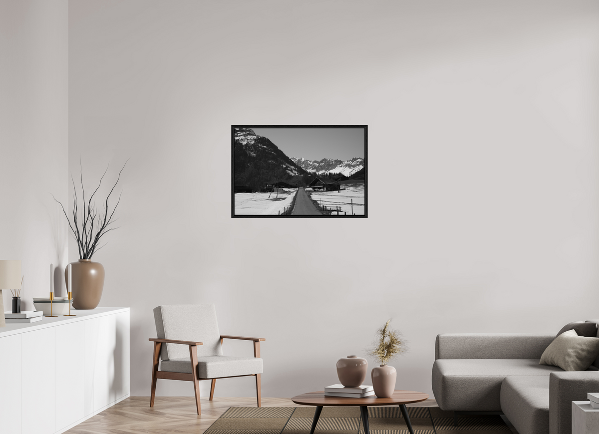90 x 60 cm, Floater Frame Alpine Village in Winter – Fine Art Print